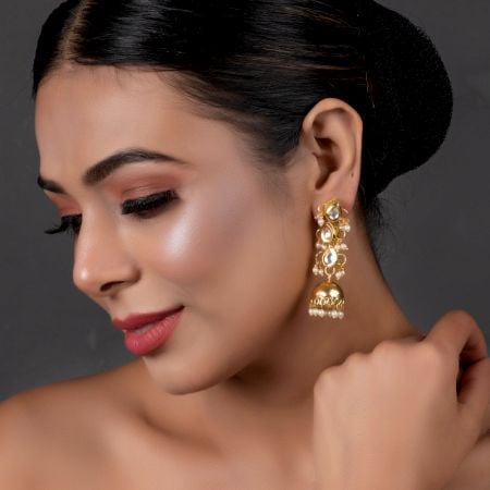 Triple Teardrop Mirror & Pearl Jhumka Earrings Pair